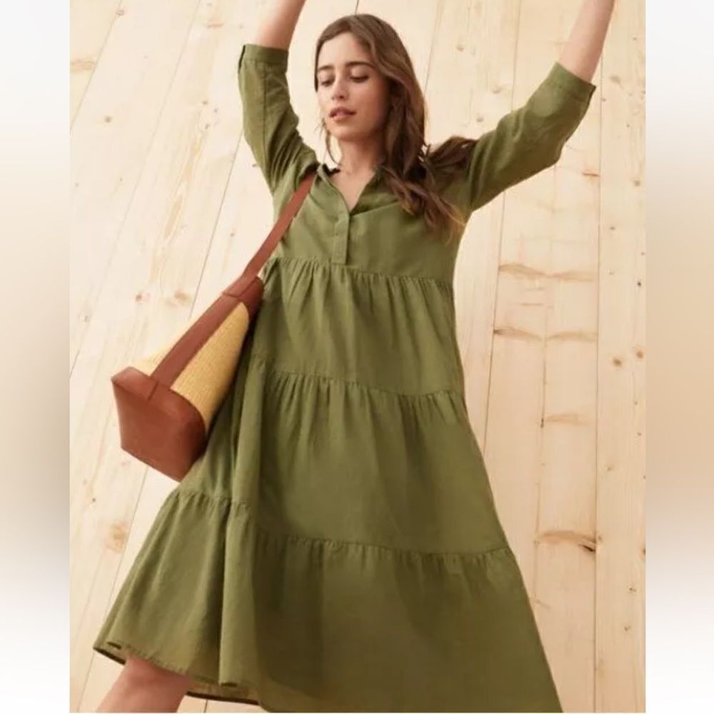 New Jenni Kayne James Tiered A-Line Dress 3/4 Sleeve Moss Green Large Linen